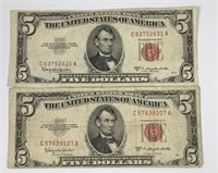 Two 1953 Series C Red Seal Five Dollar Bills