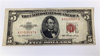 1953 Red Seal Five Dollar Bill Circulated