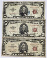 Three 1963 Red Seal Five Dollar Bills Circulated