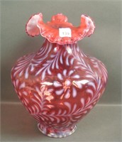 Fenton Lg Cranberry Opal Daisy & Fern Bulbous Vase