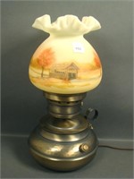 Fenton Decorated Satin Shade Lamp W/ Brass Base