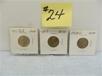 1913 Ty I, 1913, 1938d, Buffalo Nickels (All AU50)