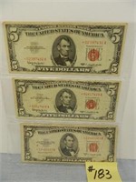 1953b, (2) 1963 Ser. $5 U.S. Notes, Red Seals,