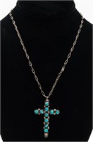 Brutalist Silver Turquoise Cross Pendant Necklace