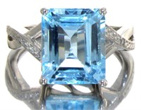 Emerald Cut 5.36 ct Blue Topaz & Diamond Ring