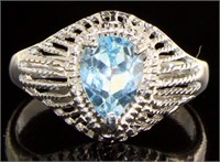 Pear Cut Natural Blue Topaz & Diamond Ring
