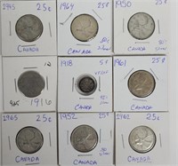 Lot of 9 Assorted Canadian 25 Cent and 5 Cent