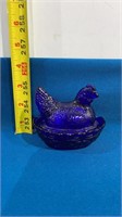 Small Cobalt blue glass hen in basket