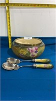 Vintage Hand Painted Salad  Bowl with Fork and