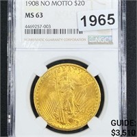 1908 No Motto $20 Gold Double Eagle NGC - MS63