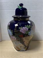 Lidded Urn - blue with flowers and peacock