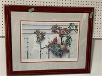 Framed Numbered Print - Cardinals on fence -