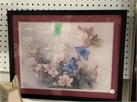 Framed Print - Blue Butterflies & pink flowers