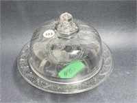 Pressed Glass Lidded Dish with queen (some damage