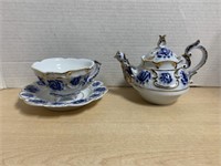 Blue, White and Gold Teacup & Saucer and Teapot
