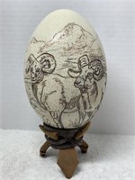 HAND CARVED OSTRICH EGG RAMS SIGNED JESSE PARKS