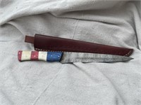 LONG DAMASCUS STEEL KNIFE WITH LEATHER SHEATH