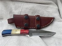 DAMASCUS STEEL HUNTING KNIFE WITH LEATHER SHEATH