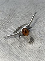 STERLING SILVER LONGHORN RING WITH AMBER CABOCHON