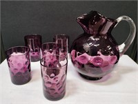 Purple Glass Pitcher w/ Five Glasses