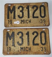 Matching set of 1939 Michigan license plates.