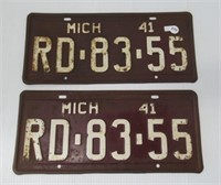 Matching set of 1941 Michigan license plates.