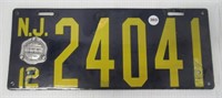 Rare 1912 New Jersey Porcelain License Plate with