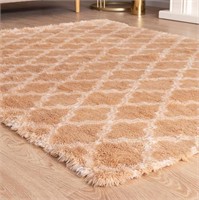 6'X9' Shaggy Modern Fluffy Carpet, Khaki/ White