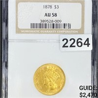 1878 $3 Gold Piece NGC - AU58