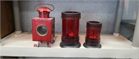 3 DECORATIVE RED OIL LAMP & TEA LIGHT HOLDERS