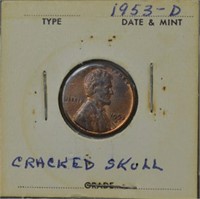 1953 D Lincoln Penny - Error : Cracked Skull