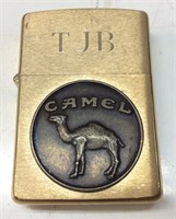 ZIPPO CAMEL GOLD TONE, TJB INITIALS, NEVER STRUCK