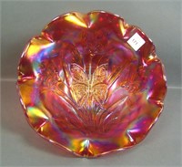 Fenton Red Stretch Iridised Butterfly & Tulip Bowl