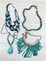 4 Costume Statement Necklaces Turquoise & Blue