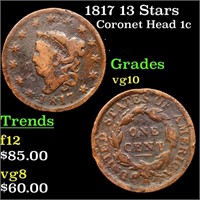 1817 13 Stars Coronet Head Large Cent 1c Grades vg