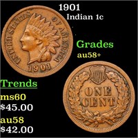 1901 Indian Cent 1c Grades Choice AU/BU Slider+