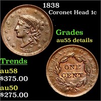 1838 Coronet Head Large Cent 1c Grades au details