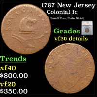 1787 New Jersey Colonial Cent 1c Graded vf30 detai
