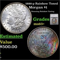 1886-p Rainbow Toned Morgan Dollar $1 Graded ms63+