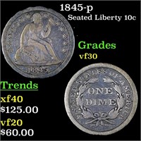 1845-p Seated Liberty Dime 10c Grades vf++