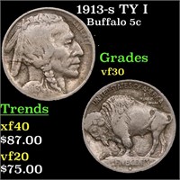 1913-s TY I Buffalo Nickel 5c Grades vf++