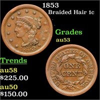 1853 Braided Hair Large Cent 1c Grades Select AU