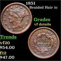 1851 Braided Hair Large Cent 1c Grades vf details
