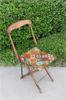 Antique Wood Folding Chair With Carpet Seat