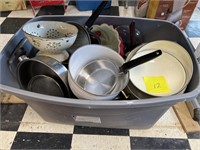 LARGE TOTE OF POTS AND PANS