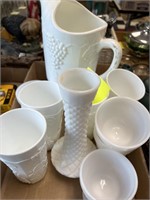 MILK GLASS PITCHER AND GLASSES