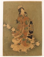 Woman with Origami Frogs Woodblock Print