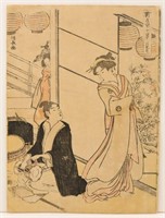 Women & Man with Drums Woodblock Print