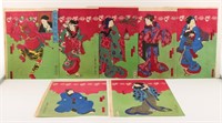 7 Portraits on Red & Green Background Woodblocks