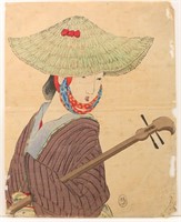 Takeuchi Keishu, Shamisen Player Woodblock Print
